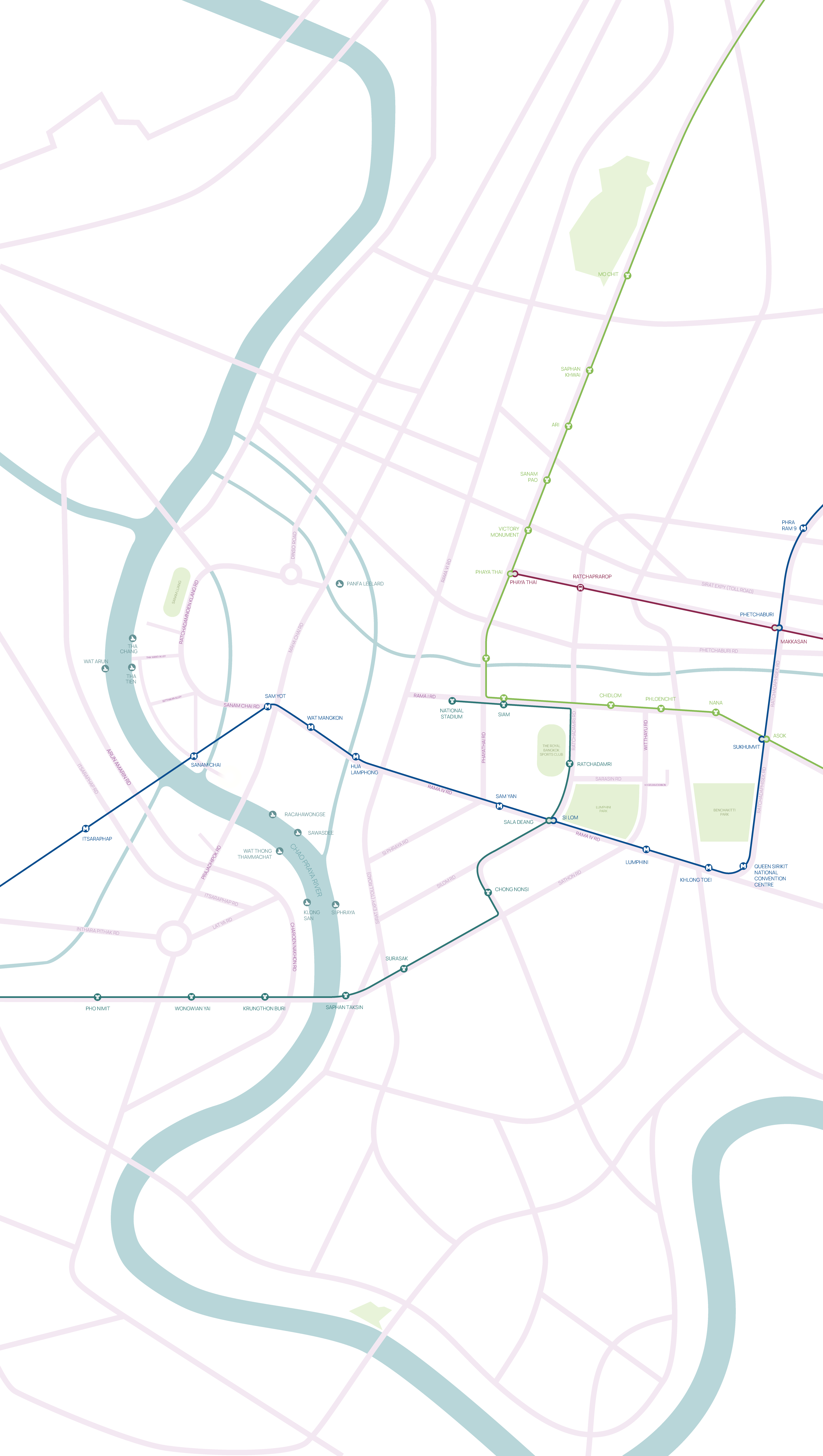 Illustrated map of central Bangkok showing rivers, roads and transit lines